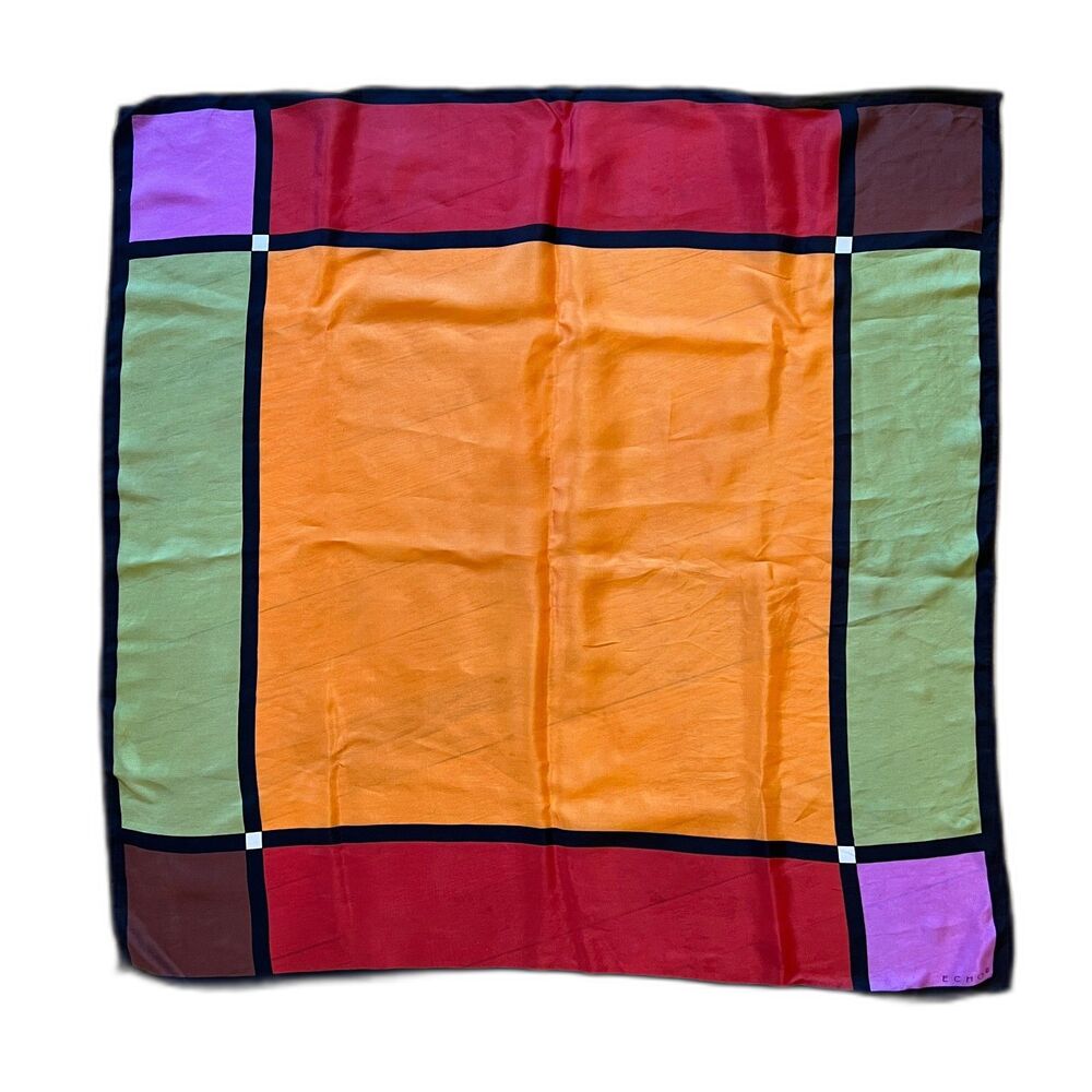 Vintage Echo Silk Scarf  Color Block Geometric Square Mondrian Style Mod